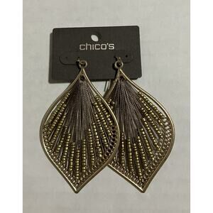 Chicos Statement Pierced Earrings Gold Tone Beaded String Art Metal Frame 3” NWT